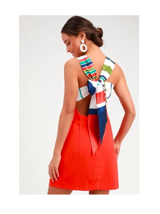 Lulus Dresses & Skirts - Lulu’s Joyful Red Orange Multi-Stripe Tie Back Dress Size Large NWT